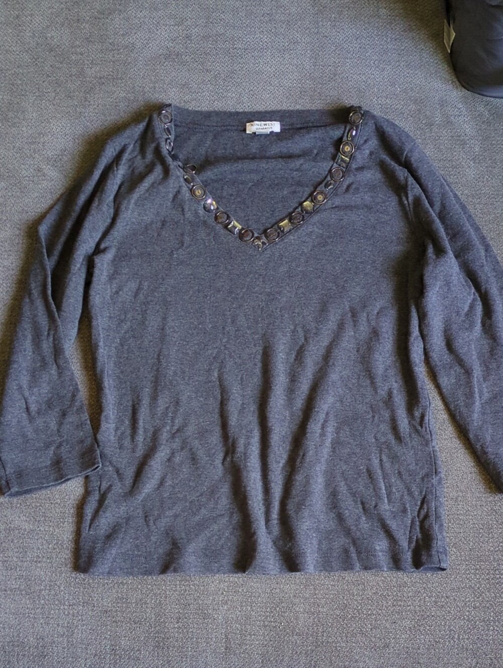 Nine West Charcoal Long-Sleeve V-Neck Top with Embellished Trim